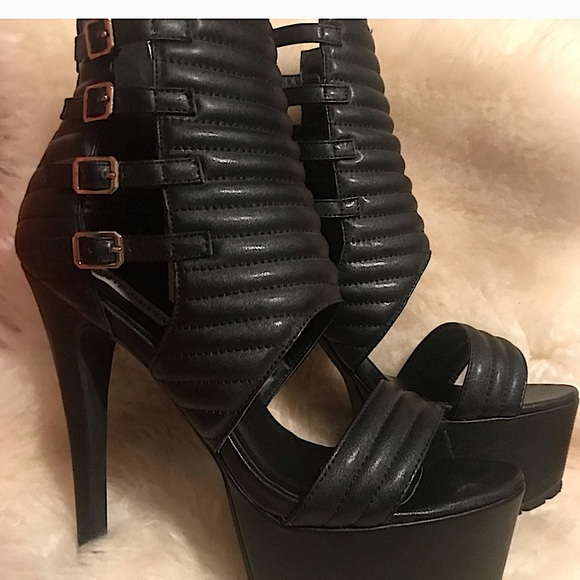 STEVE MADDEN Pleather Ankle Buckle Strap Black Platform Stiletto Heels Shoes 10 - Picture 3 of 13